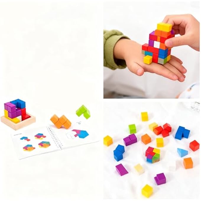 3D SOMA CUBE WOODEN PUZZLE WITH 60 CHALLENGE CARDS, BRAIN TEASER BLOCK GAME FOR ADULTS AND KIDS, MONTESSORI LOGIC & SPATIAL TRAINING TOY, FAMILY AND TRAVEL EDUCATIONAL GIFT WITH STORAGE BAG - Image 1